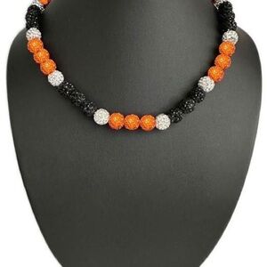 Elegant Black, Orange, and Silver Beaded Necklace Baseball Bling